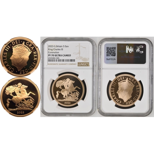 14 - UNITED KINGDOM. Charles III, 2022-. Gold 5 Pounds (5 Sovereigns), 2023. Royal Mint. Proof. Crowned p... 