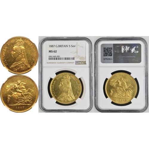 2 - UNITED KINGDOM. Victoria, 1837-1901. Gold 5 Pounds (5 Sovereigns), 1887. London. Jubilee head of Que... 