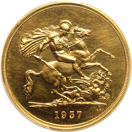 7 - UNITED KINGDOM. George VI, 1936-52. Gold 5 Pounds (5 Sovereigns), 1937. Royal Mint. Proof. Struck to... 