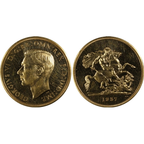 7 - UNITED KINGDOM. George VI, 1936-52. Gold 5 Pounds (5 Sovereigns), 1937. Royal Mint. Proof. Struck to... 