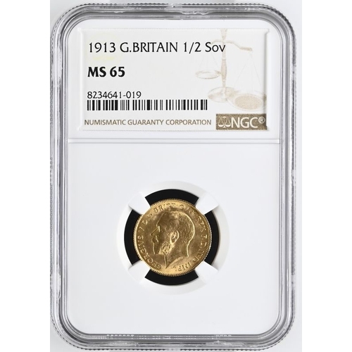 105 - MS 65 | UNITED KINGDOM. George V, 1910-36. Gold Half-Sovereign, 1913. London. Bare head left; GEORGI... 