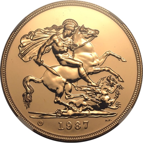 107 - MS 69 DPL | UNITED KINGDOM. Elizabeth II, 1952-2022. Gold 5 pounds (5 sovereigns), 1987. Royal Mint.... 