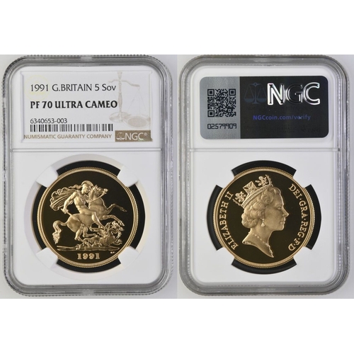 109 - PF 70 ULTRA CAMEO | UNITED KINGDOM. Elizabeth II, 1952-2022. Gold 5 Pounds (5 Sovereigns), 1991. Roy... 