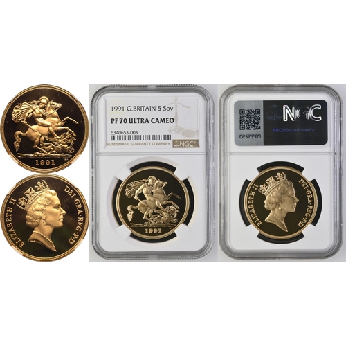 109 - PF 70 ULTRA CAMEO | UNITED KINGDOM. Elizabeth II, 1952-2022. Gold 5 Pounds (5 Sovereigns), 1991. Roy... 