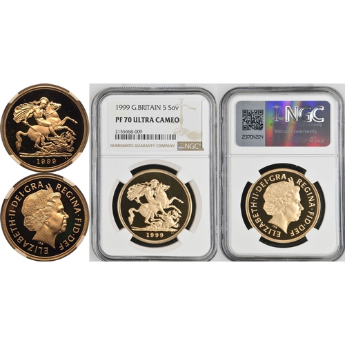 110 - PF 70 ULTRA CAMEO | UNITED KINGDOM. Elizabeth II, 1952-2022. Gold 5 Pounds (5 Sovereigns), 1999. Roy... 