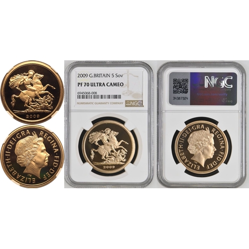 111 - PF 70 ULTRA CAMEO | UNITED KINGDOM. Elizabeth II, 1952-2022. Gold 5 Pounds (5 Sovereigns), 2009. Roy... 