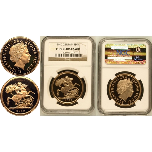 112 - PF 70 ULTRA CAMEO | UNITED KINGDOM. Elizabeth II, 1952-2022. Gold 5 Pounds (5 Sovereigns), 2010. Roy... 