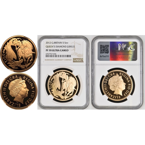 113 - PF 70 ULTRA CAMEO | UNITED KINGDOM. Elizabeth II, 1952-2022. Gold 5 Pounds (5 Sovereigns), 2012. Roy... 