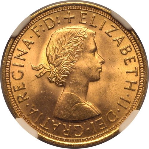 120 - MS 66 | UNITED KINGDOM. Elizabeth II, 1952-2022. Gold Sovereign, 1957. Royal Mint. First, laureate h... 