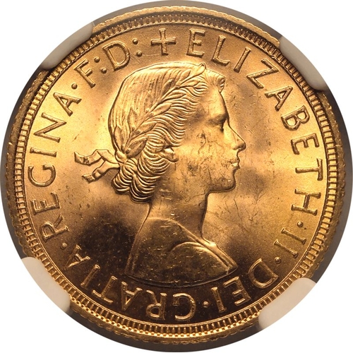 121 - MS 65 | UNITED KINGDOM. Elizabeth II, 1952-2022. Gold Sovereign, 1958. Royal Mint. First, laureate h... 