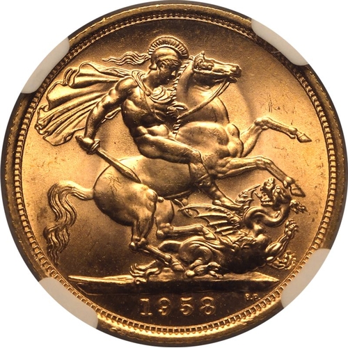 121 - MS 65 | UNITED KINGDOM. Elizabeth II, 1952-2022. Gold Sovereign, 1958. Royal Mint. First, laureate h... 