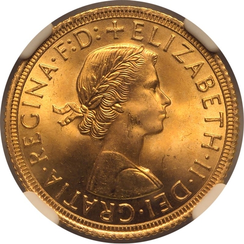 123 - MS 66 | UNITED KINGDOM. Elizabeth II, 1952-2022. Gold Sovereign, 1963. Royal Mint. First, laureate h... 