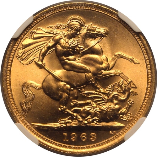 123 - MS 66 | UNITED KINGDOM. Elizabeth II, 1952-2022. Gold Sovereign, 1963. Royal Mint. First, laureate h... 