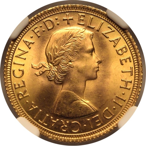 124 - MS 66 | UNITED KINGDOM. Elizabeth II, 1952-2022. Gold Sovereign, 1965. Royal Mint. First, laureate h... 