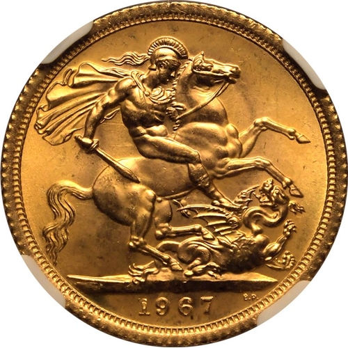 126 - MS 66 | UNITED KINGDOM. Elizabeth II, 1952-2022. Gold Sovereign, 1967. Royal Mint. First, laureate h... 