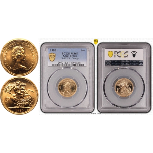 127 - MS67  | UNITED KINGDOM. Elizabeth II, 1952-2022. Gold Sovereign, 1980. Royal Mint. Second crowned an... 