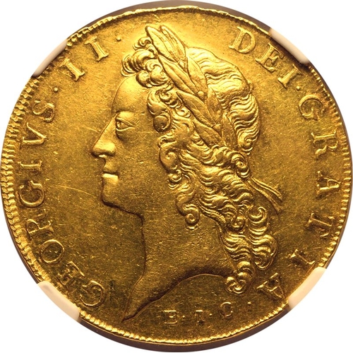 13 - AU 58 | GREAT BRITAIN. George II, 1727-60. Gold 5 Guineas, 1729. London. The East India Company (E.I... 