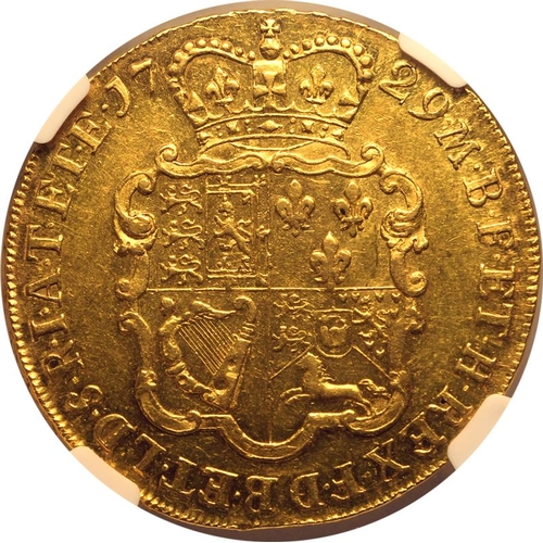 13 - AU 58 | GREAT BRITAIN. George II, 1727-60. Gold 5 Guineas, 1729. London. The East India Company (E.I... 