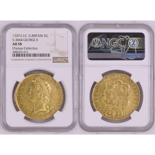 13 - AU 58 | GREAT BRITAIN. George II, 1727-60. Gold 5 Guineas, 1729. London. The East India Company (E.I... 