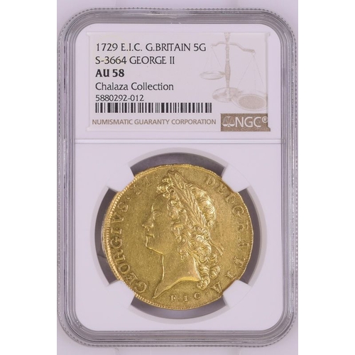 13 - AU 58 | GREAT BRITAIN. George II, 1727-60. Gold 5 Guineas, 1729. London. The East India Company (E.I... 