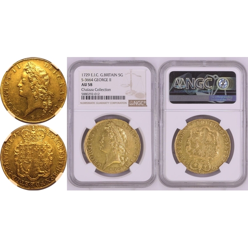 13 - AU 58 | GREAT BRITAIN. George II, 1727-60. Gold 5 Guineas, 1729. London. The East India Company (E.I... 