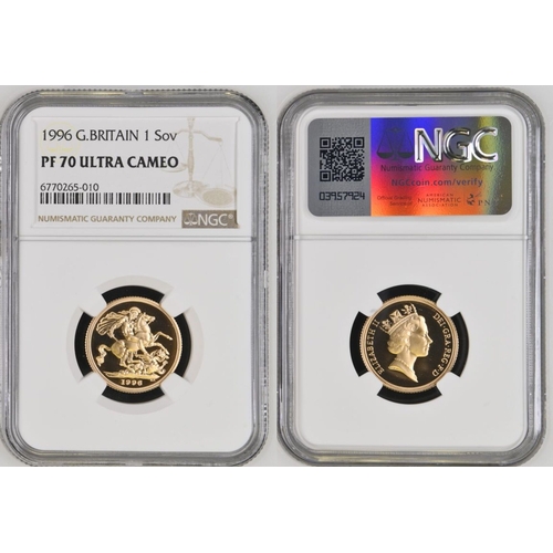 134 - PF 70 ULTRA CAMEO | UNITED KINGDOM. Elizabeth II, 1952-2022. Gold Sovereign, 1996. Royal Mint. Proof... 