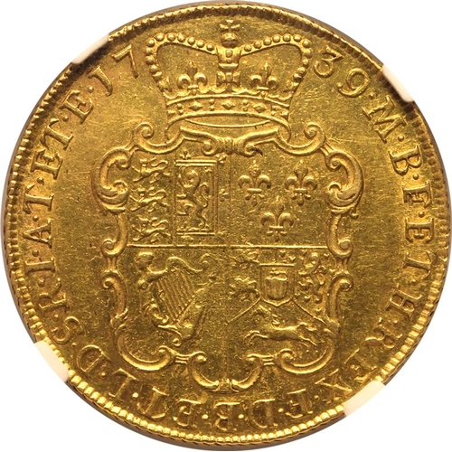 14 - AU 55 | GREAT BRITAIN. George II, 1727-60. Gold 2 Guineas, 1739. London. Laureate head of George II,... 