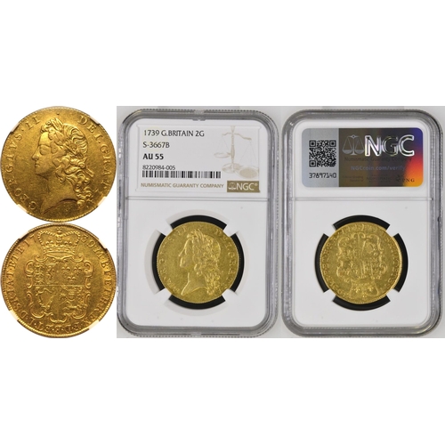 14 - AU 55 | GREAT BRITAIN. George II, 1727-60. Gold 2 Guineas, 1739. London. Laureate head of George II,... 