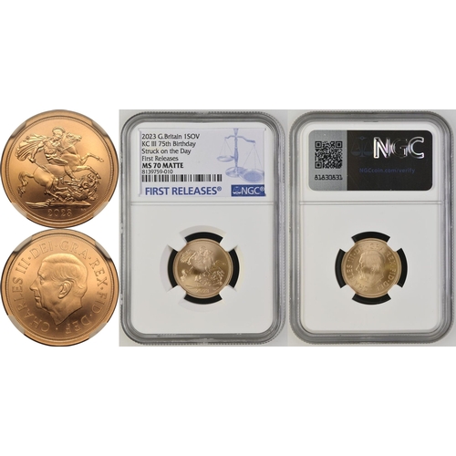 145 - MS 70 MATTE | UNITED KINGDOM. Charles III, 2022-. Gold Sovereign, 2023. Royal Mint. BU Matte Struck ... 