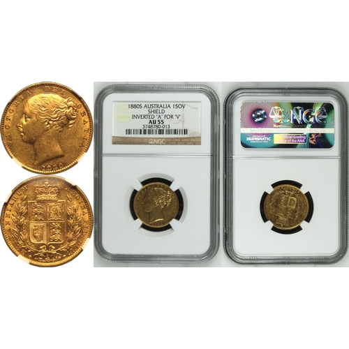 149 - AU 55 | AUSTRALIA. Victoria, 1837-1901. Gold Sovereign, 1880 S. Sydney. Shield; Inverted A for V. Yo... 