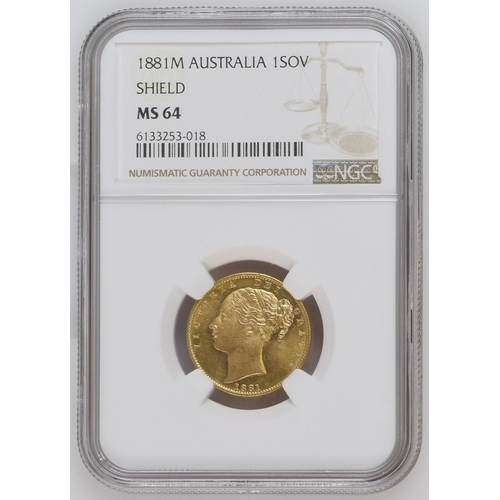 150 - MS 64 | AUSTRALIA. Victoria, 1837-1901. Gold Sovereign, 1881 M. Melbourne. Shield. Young head left, ... 