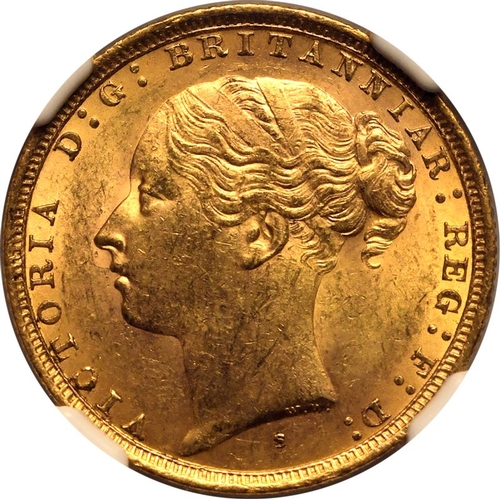 151 - MS 62 | AUSTRALIA. Victoria, 1837-1901. Gold Sovereign, 1884 S. Sydney. St George. Young head left, ... 