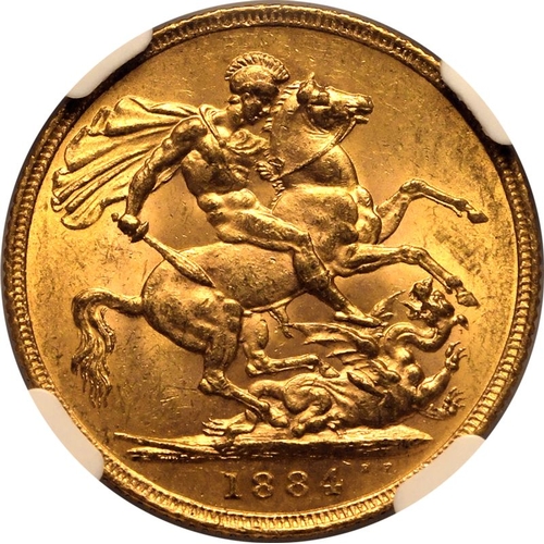 151 - MS 62 | AUSTRALIA. Victoria, 1837-1901. Gold Sovereign, 1884 S. Sydney. St George. Young head left, ... 