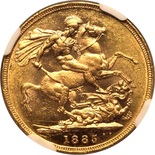 152 - MS 61 | AUSTRALIA. Victoria, 1837-1901. Gold Sovereign, 1885 M. Melbourne. St George; W.W. Complete.... 