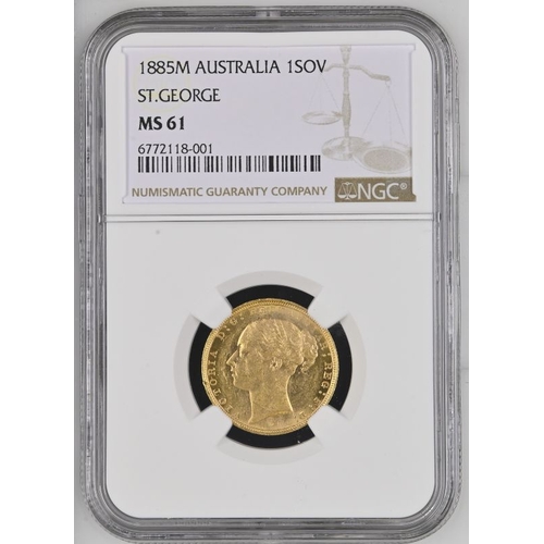 152 - MS 61 | AUSTRALIA. Victoria, 1837-1901. Gold Sovereign, 1885 M. Melbourne. St George; W.W. Complete.... 