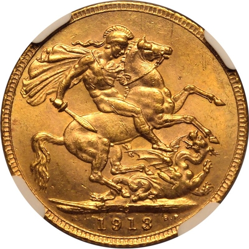 159 - MS 62 | CANADA. George V, 1910-36. Gold Sovereign, 1913 C. Ottowa. Bare head left, with B.M. on trun... 