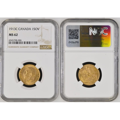 159 - MS 62 | CANADA. George V, 1910-36. Gold Sovereign, 1913 C. Ottowa. Bare head left, with B.M. on trun... 