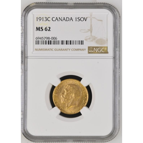 159 - MS 62 | CANADA. George V, 1910-36. Gold Sovereign, 1913 C. Ottowa. Bare head left, with B.M. on trun... 