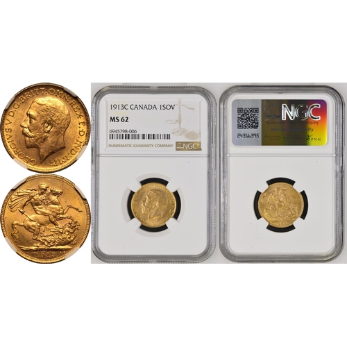 159 - MS 62 | CANADA. George V, 1910-36. Gold Sovereign, 1913 C. Ottowa. Bare head left, with B.M. on trun... 