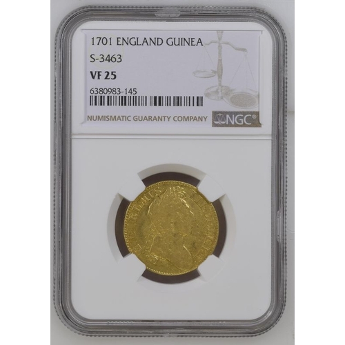 16 - VF 25 | ENGLAND. William III, 1694-1702. Gold Guinea, 1701. London. narrow crowns. Second laureate h... 