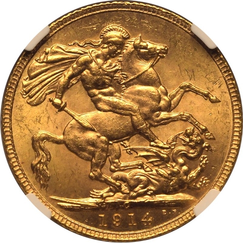 160 - MS 64 | CANADA. George V, 1910-36. Gold Sovereign, 1914 C. Ottawa. Bare head left, with B.M. on trun... 