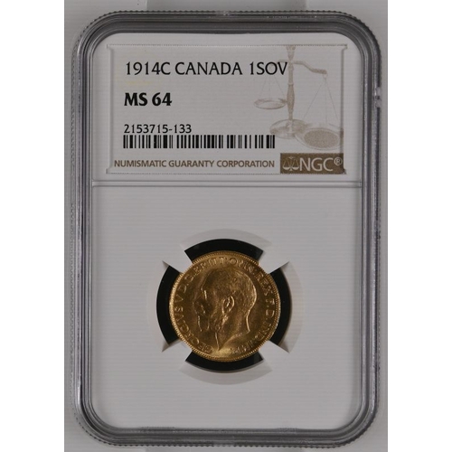 160 - MS 64 | CANADA. George V, 1910-36. Gold Sovereign, 1914 C. Ottawa. Bare head left, with B.M. on trun... 