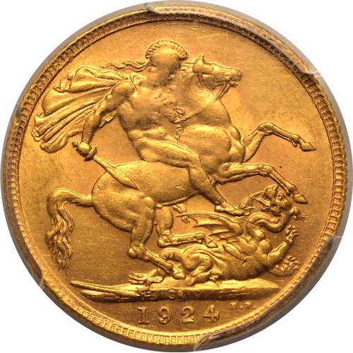 162 - AU58  | SOUTH AFRICA. George V, 1910-36. Gold Sovereign, 1924 SA. Pretoria. Bare head left, B.M. on ... 