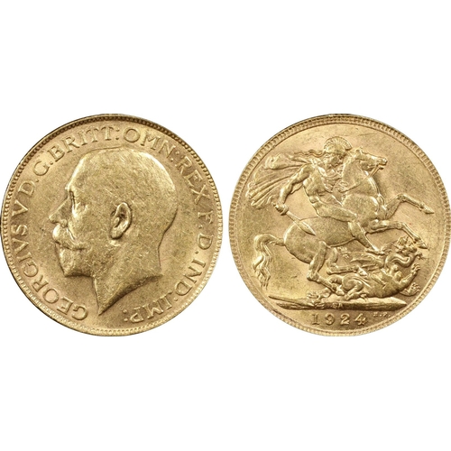 162 - AU58  | SOUTH AFRICA. George V, 1910-36. Gold Sovereign, 1924 SA. Pretoria. Bare head left, B.M. on ... 