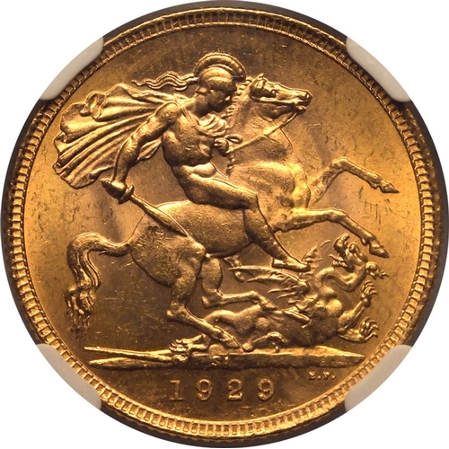 163 - MS 65 | SOUTH AFRICA. George V, 1910-36. Gold Sovereign, 1929 SA. Pretoria. Bare head left, BM on tr... 