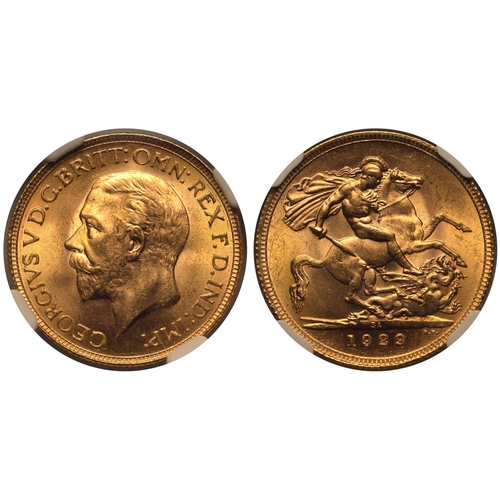 164 - MS 65 | SOUTH AFRICA. George V, 1910-36. Gold Sovereign, 1929 SA. Pretoria. Bare head left, BM on tr... 