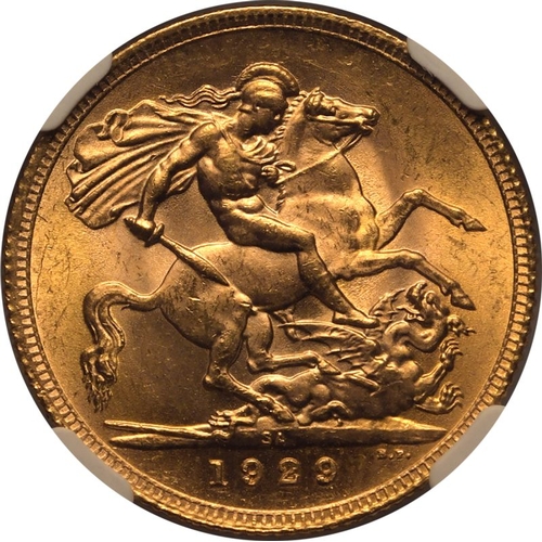 164 - MS 65 | SOUTH AFRICA. George V, 1910-36. Gold Sovereign, 1929 SA. Pretoria. Bare head left, BM on tr... 