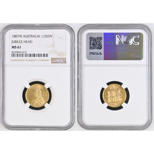 166 - MS 61 | AUSTRALIA. Victoria, 1837-1901. Gold Half-Sovereign, 1887 M. Melbourne. DISH.M501. Jubilee b... 