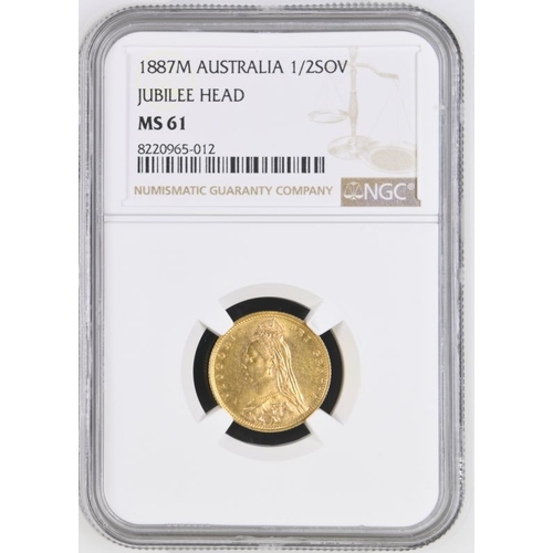 166 - MS 61 | AUSTRALIA. Victoria, 1837-1901. Gold Half-Sovereign, 1887 M. Melbourne. DISH.M501. Jubilee b... 