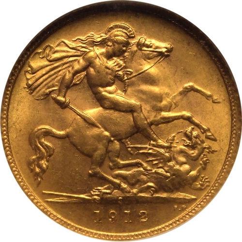 168 - MS 64 | AUSTRALIA. George V, 1910-36. Gold Half-Sovereign, 1912 S. Sydney. Bare head left, with B.M.... 